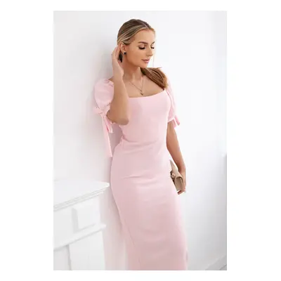 Women's dress gathered at the back with tie-up sleeves - light pink