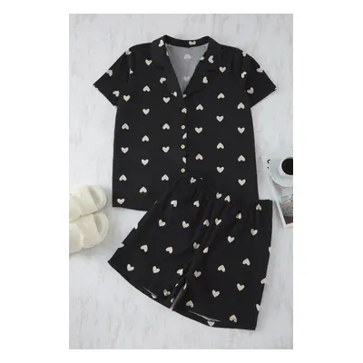 Trendyol Curve Black Heart Patterned Shirt Collar Knitted Pajama Set