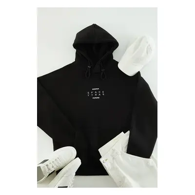 Trendyol Black Oversize/Normal Cut Hooded Reflective Text Printed Sweatshirt