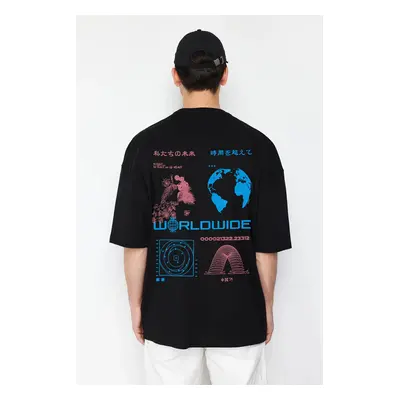 Trendyol Black Oversize/Wide Cut 100% Cotton Printed T-Shirt