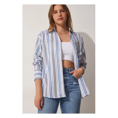 Happiness İstanbul Women's White Blue Striped Oversize Cotton Shirt