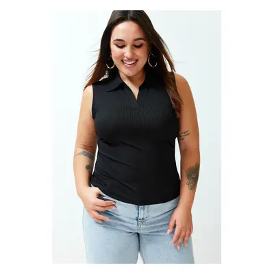 Trendyol Curve Black Fitted/Body-Smooth Polo Neck Flexible Knitted Plus Size Blouse