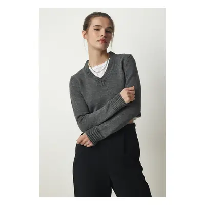 Happiness İstanbul Women's Anthracite V-Neck Crop Knitwear Sweater