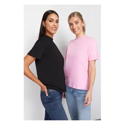 Trendyol Pink-Black 2-Pack 100% Cotton Basic High Neck Knitted T-Shirt