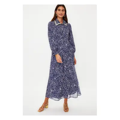 Trendyol Blue Floral Neck Detailed Lined Chiffon Woven Dress