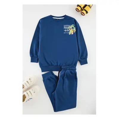 Trendyol Navy Blue Boy Slogan Cotton Knitted Bottom-Top Set