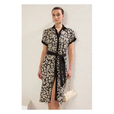 Trendyol Black Floral Midi Viscose Woven Shirt Dress