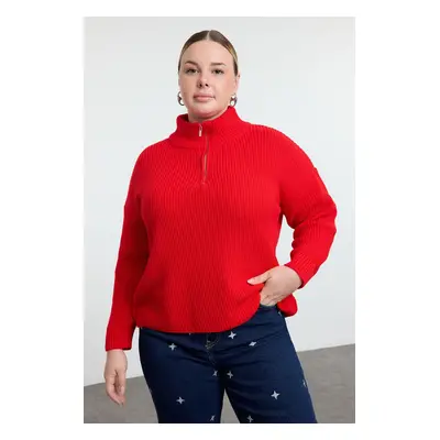 Trendyol Curve Red Zipper Collar Knitwear Sweater