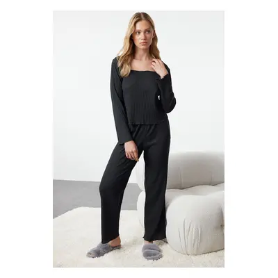 Trendyol Anthracite Melange Ribbed Knitted Pajama Set