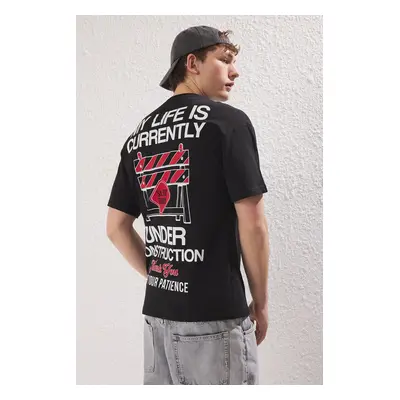 Trendyol Black Oversize/Wide Cut 100% Cotton Printed T-Shirt