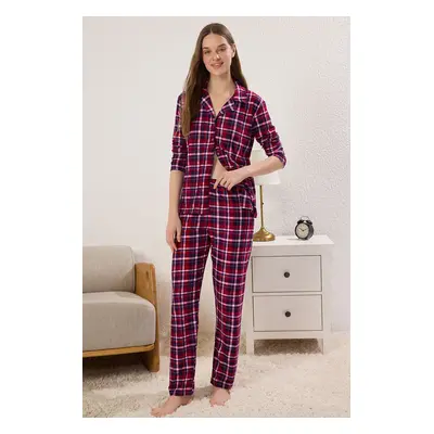 Trendyol Burgundy Plaid Soft Feeling Brushed Fabric Sleep Band Knitted Pajama Set