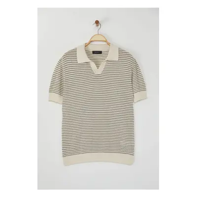 Trendyol Limited Edition Beige - Khaki Striped Relaxed Short Sleeve Polo Neck Knitwear T-shirt