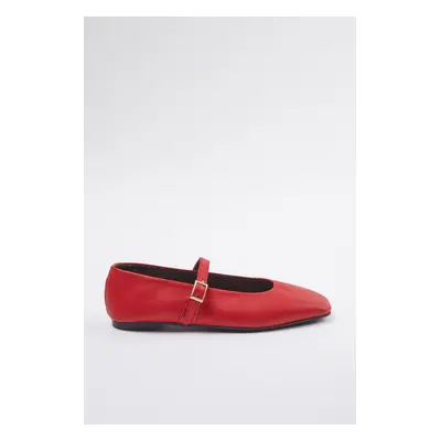 Trendyol Red Real Leather Square Toe Short Heeled Women's Ballerinas