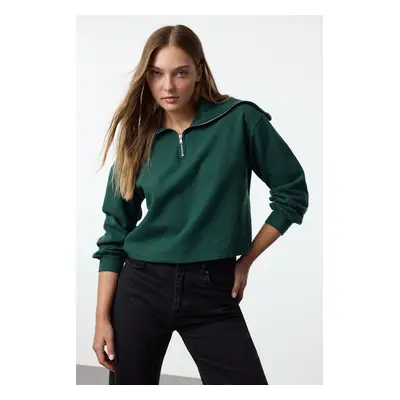 Trendyol Emerald Green Thessaloniki/Knitwear Look Polo Neck Zippered Regular Knitted Sweatshirt