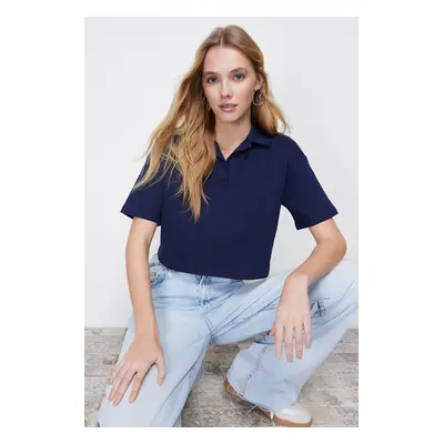 Trendyol Navy Blue 100% Cotton Relaxed/Comfortable Crop Polo Neck Knitted T-Shirt