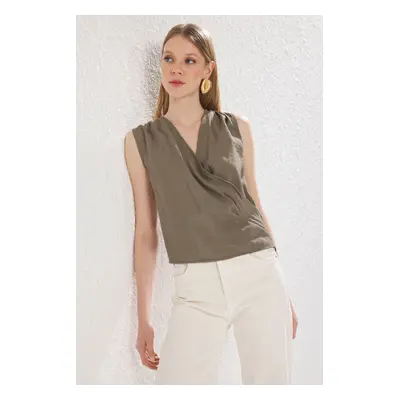 Trendyol Dark Green Modal Shoulder Gathered Draped Wrap Woven Blouse