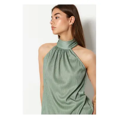 Trendyol Mint Regular/Normal Pattern Stand Collar Fit Pleated Flexible Knitted Blouse