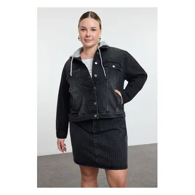 Trendyol Curve Anthracite Hooded Plus Size Denim Jacket