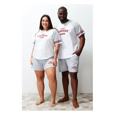 Trendyol Grimelange Raglan Sleeve Printed Couple Knitted Plus Size Pajama Set with Shorts