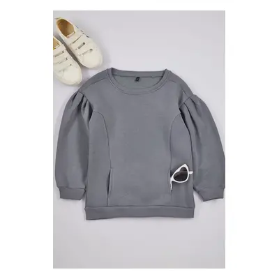 Trendyol Indigo Girls' Sleeve Drawstring Pocket Cotton Knitted Sweatshirt