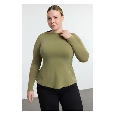 Trendyol Curve Green Stand Collar Ribbed Regular/Normal Pattern Knitted Plus Size Blouse