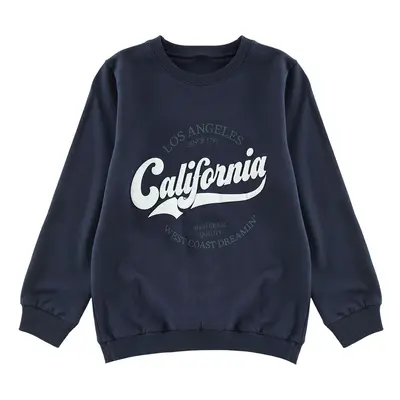 Trendyol Navy Blue Girl's Slogan Printed Cotton Knitted Sweatshirt