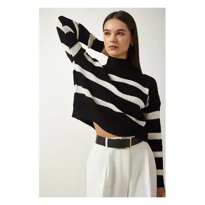 Happiness İstanbul Women's Black High Neck Striped Knitwear Sweater