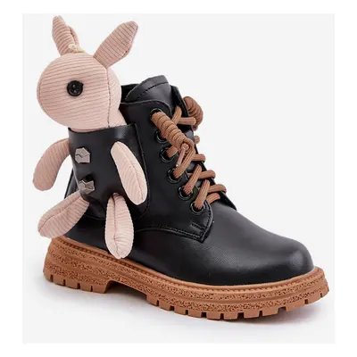 Leather insulated children's ankle boots with a zipper with a Vinceza bear black