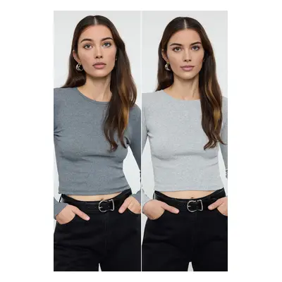 Trendyol Anthracite-Grey Pack Body-Smoothing Crew Neck Ribbed Crop Flexible Knitted Blouse