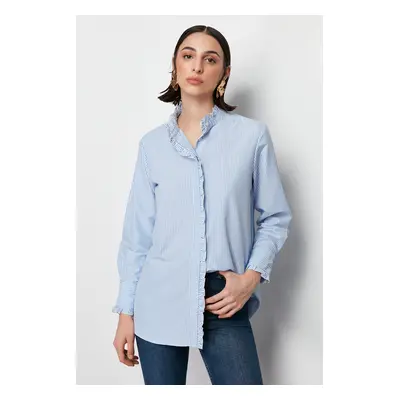 Trendyol Blue Striped Woven Shirt with Ruffle Detail on Placket and Collar