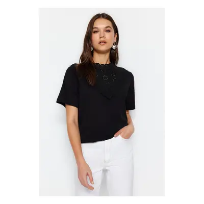 Trendyol Black Embroidered Stand Collar Basic Regular/Normal Pattern Cotton Knitted Blouse