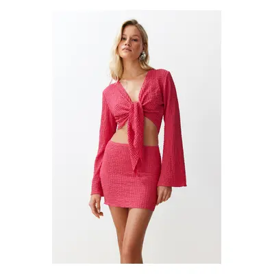 Trendyol Fuchsia Woven Tied Textured Blouse Skirt Beach Set