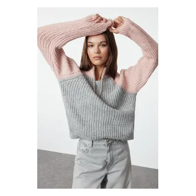 Trendyol Pink Color Block Zippered Knitwear Sweater