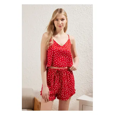 Trendyol Red Polka Dot Ruffle Detail Woven Pajama Set with Rope Strap Viscose Shorts