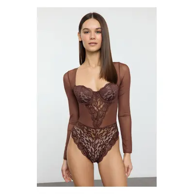 Trendyol Brown Lace Cut Out/Window Detail Covered Knit Bodysuit