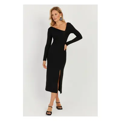 Cool & Sexy Women's Black Asymmetric Collar Slit Midi Dress