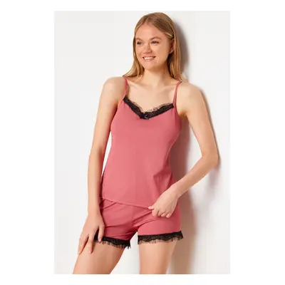 Trendyol Pink Lace and Ribbon/Bow Detail Knitted Pajama Set with Rope Straps and Ribbed Shorts