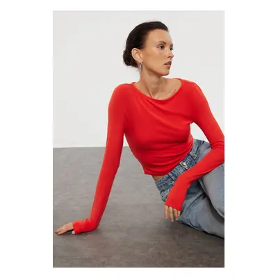 Trendyol Red Boat Neck Slim/Fitting Regular Length Knitted Blouse