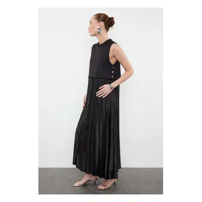 Trendyol Black Pleated Skirt Knitted Satin Sleeveless Lining Undershirt Dress