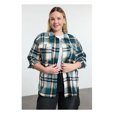 Trendyol Curve Blue Plaid Long Sleeve Winter Woven Plus Size Shirt