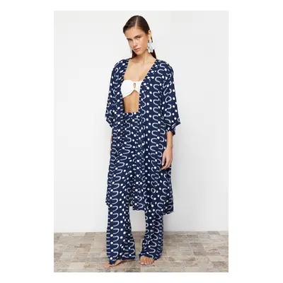 Trendyol Geometric Patterned Belted Midi Woven Beach Kimono & Caftan