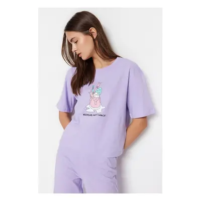 Trendyol Lilac 100% Cotton Fun Printed T-shirt-Pants Knitted Pajama Set