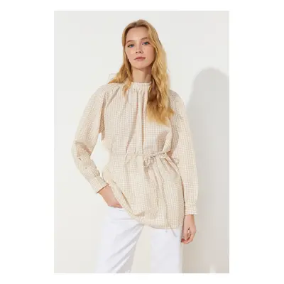 Trendyol Beige Belted Woven Seersucker Check Tunic