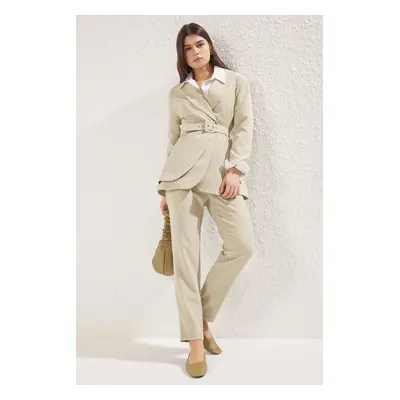 Trendyol Khaki Belted Crepe Lined Jacket Trousers Woven Bottom Top Set