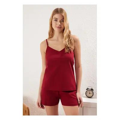 Trendyol Claret Red 100% Cotton Lace Detailed Rope Strap Knitted Pajama Set