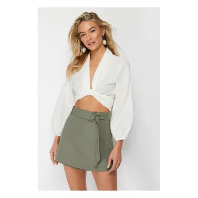 Trendyol Khaki Belted Woven Linen Blended Beach Shorts Skirt