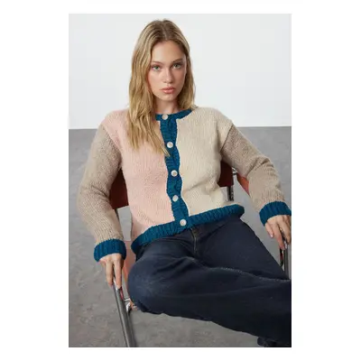 Trendyol Brown Soft Texture Color Block Knit Cardigan