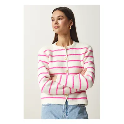 Happiness İstanbul Women's Bone Pink Stylish Buttoned Striped Knitwear Cardigan