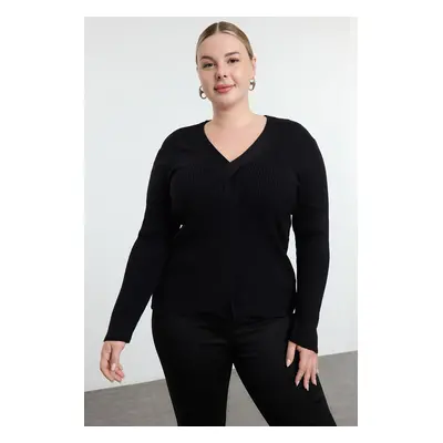 Trendyol Curve Black Front Knot Detailed V Neck Knitwear Sweater