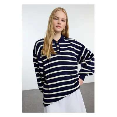 Trendyol Navy Blue Striped Balloon Sleeve Polo Neck Knitwear Sweater